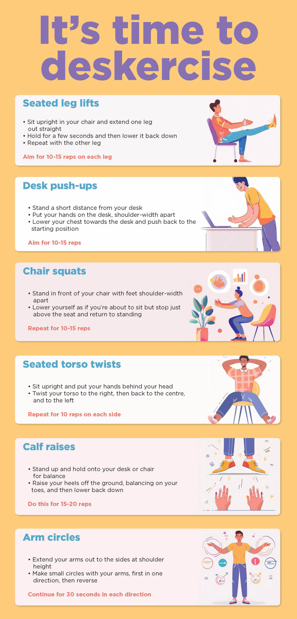 performing desk exercises, including seated leg lifts and arm stretches, at a workstation in an office setting